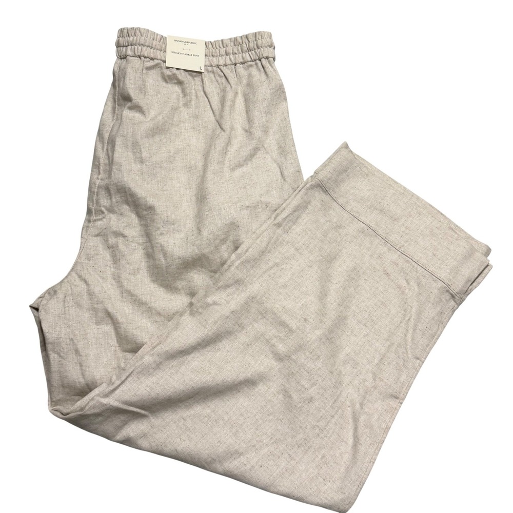 Banana Republic Straight Ankle Pant Women L Beige Linen High Rise Drawstring